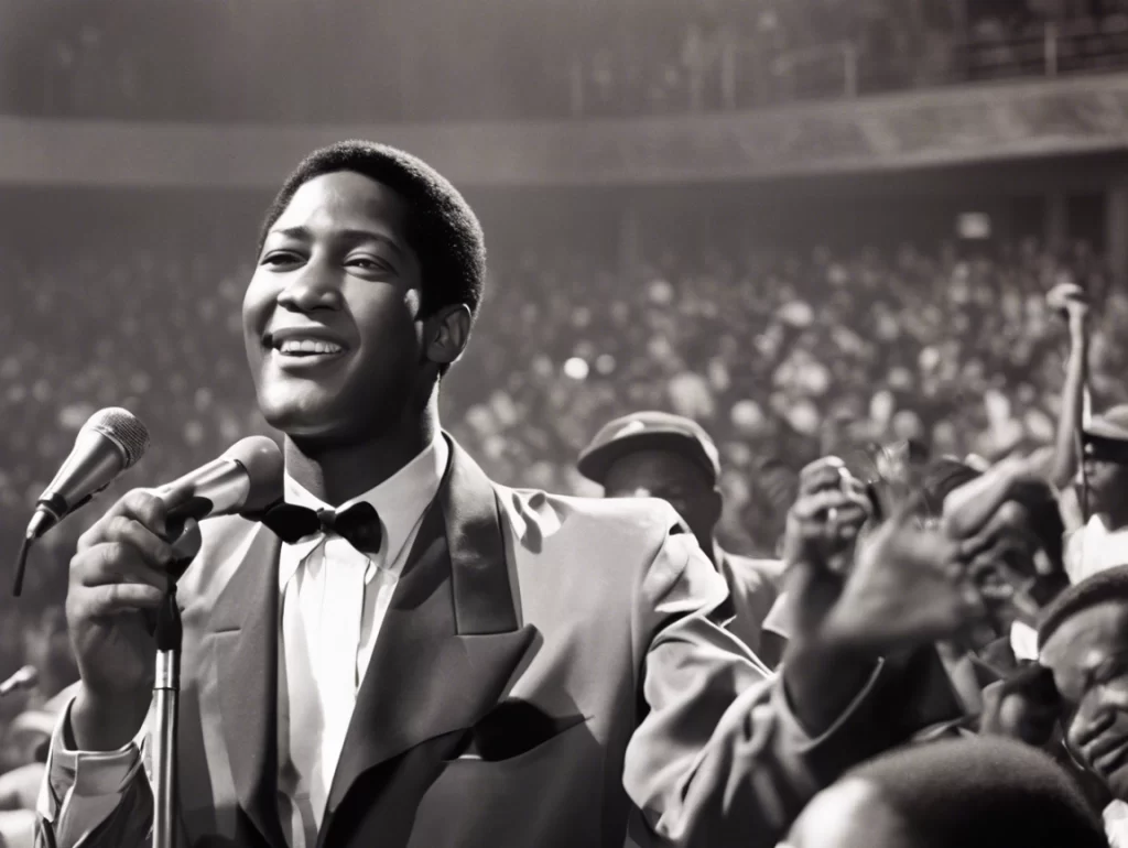 Black and white portrait of Sam Cooke, soulful expression, wearing a suit and holding a microphone.