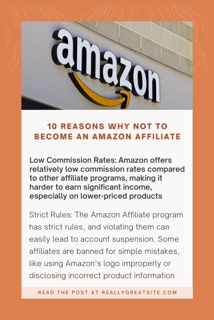 Amazon Affiliate Marketing struggles showing a person facing a decision, with low commission rates and strict rules, symbolizing challenges in the affiliate program.