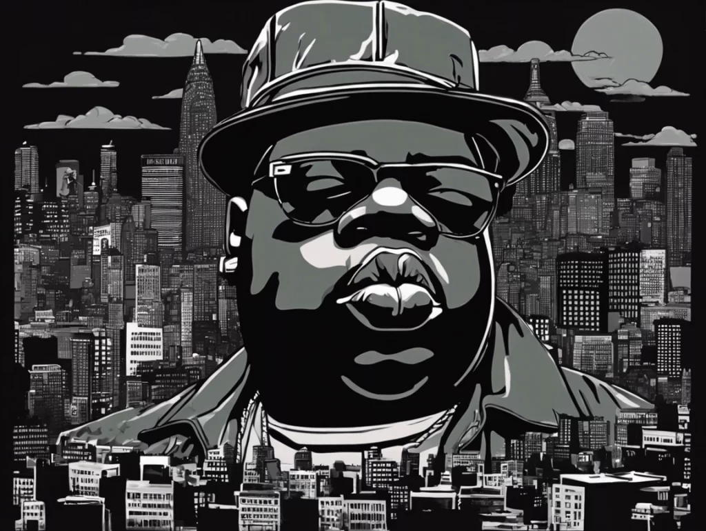 Portrait of The Notorious B.I.G. against a vibrant city skyline with a colorful crowd in the background