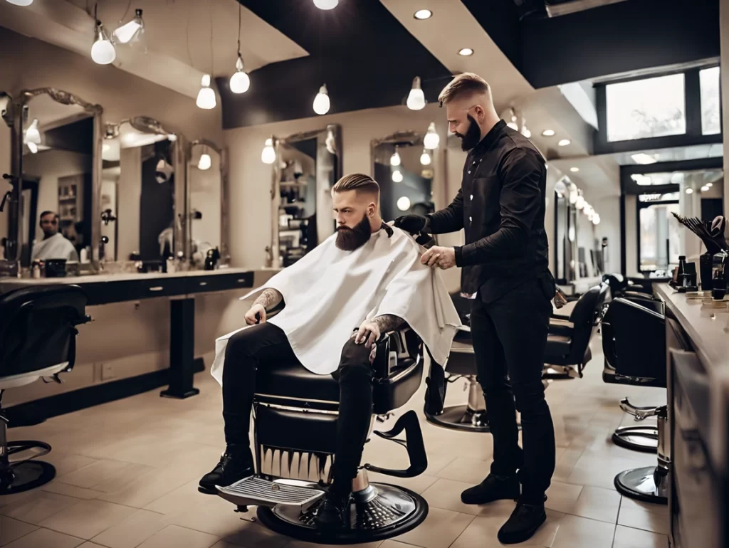 Barber giving a client a haircut in a modern, stylish barber shop with a focus on professional tools and techniques.