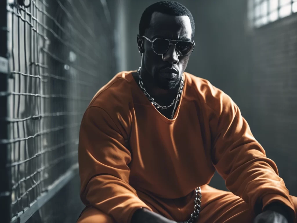 Sean Combs, also known as P Diddy, in an orange jumpsuit representing recent controversies and legal challenges.