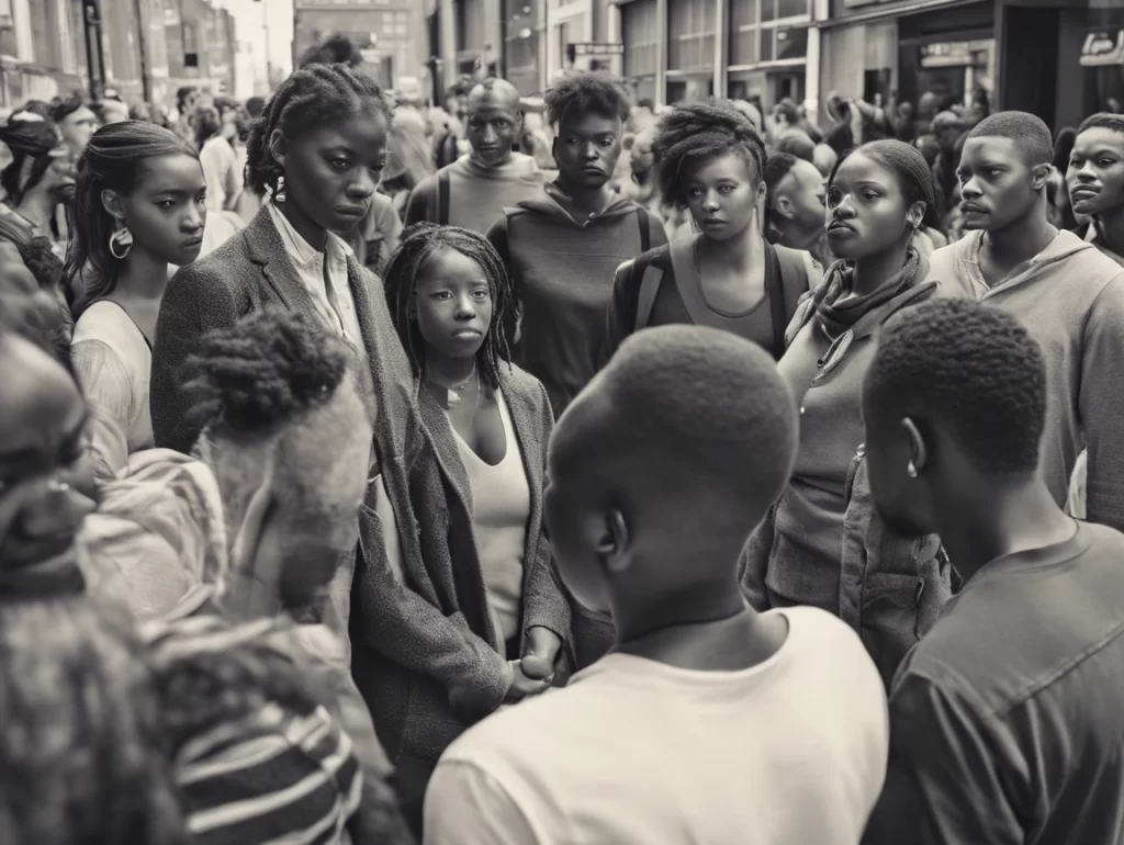 A group of young Black individuals standing closely together in an urban environment, displaying expressions of strength, unity, and contemplation.