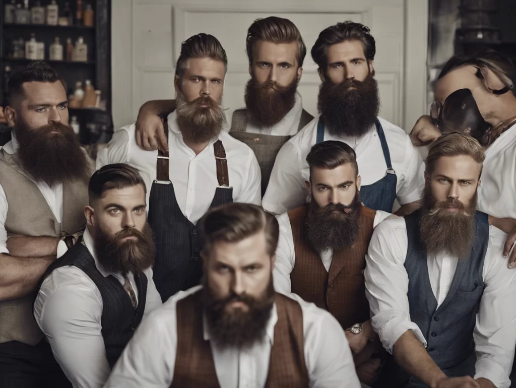 Group of stylish men with full beards and vintage-inspired attire gathered together, posing in a classic barbershop setting.