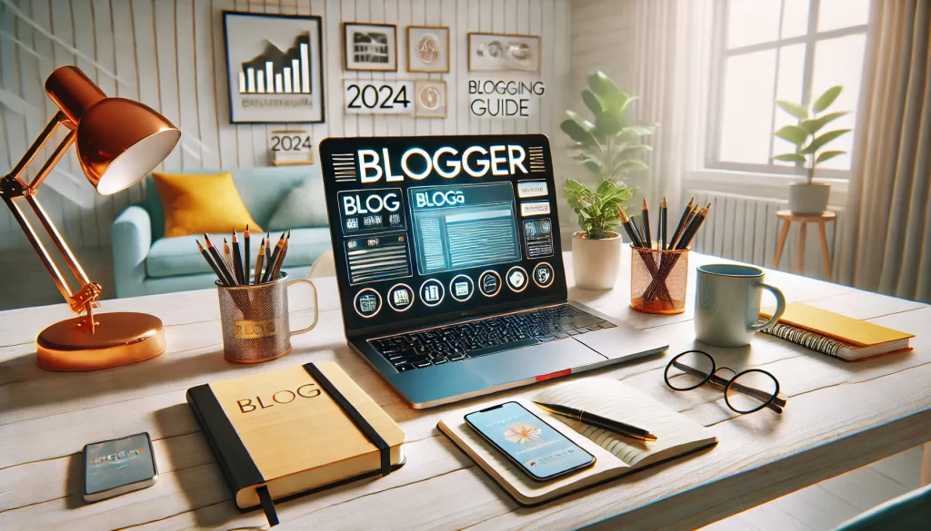 Modern workspace with a laptop showing a blogging platform, notebook, coffee, and smartphone for creating a blog.