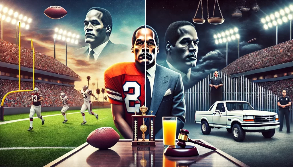 Split-view of O.J. Simpson’s life, highlighting his football achievements and public controversies, with imagery of a stadium, courtroom, and white Ford Bronco.