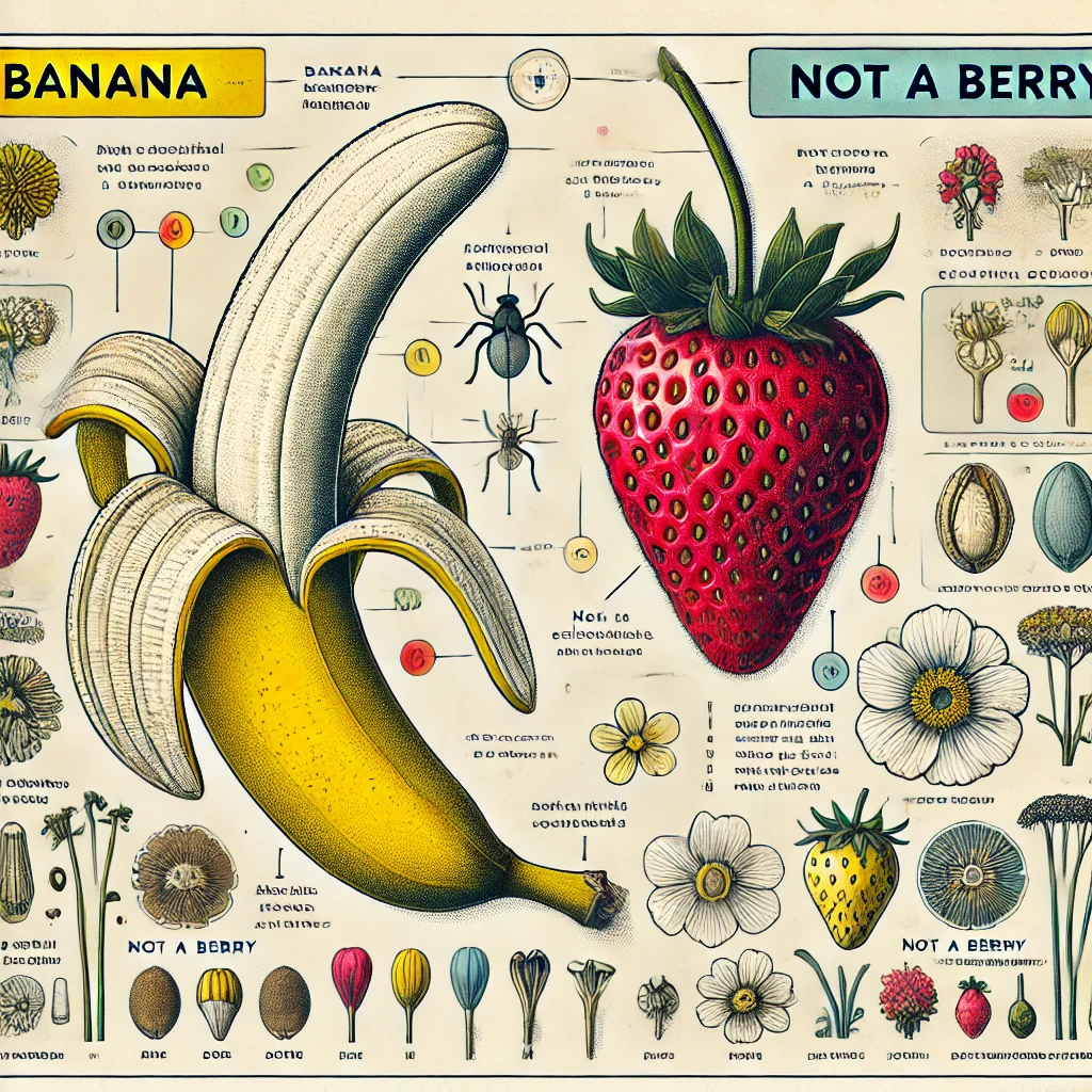 Illustration showing why bananas are classified as berries while strawberries are not, with scientific botanical details.