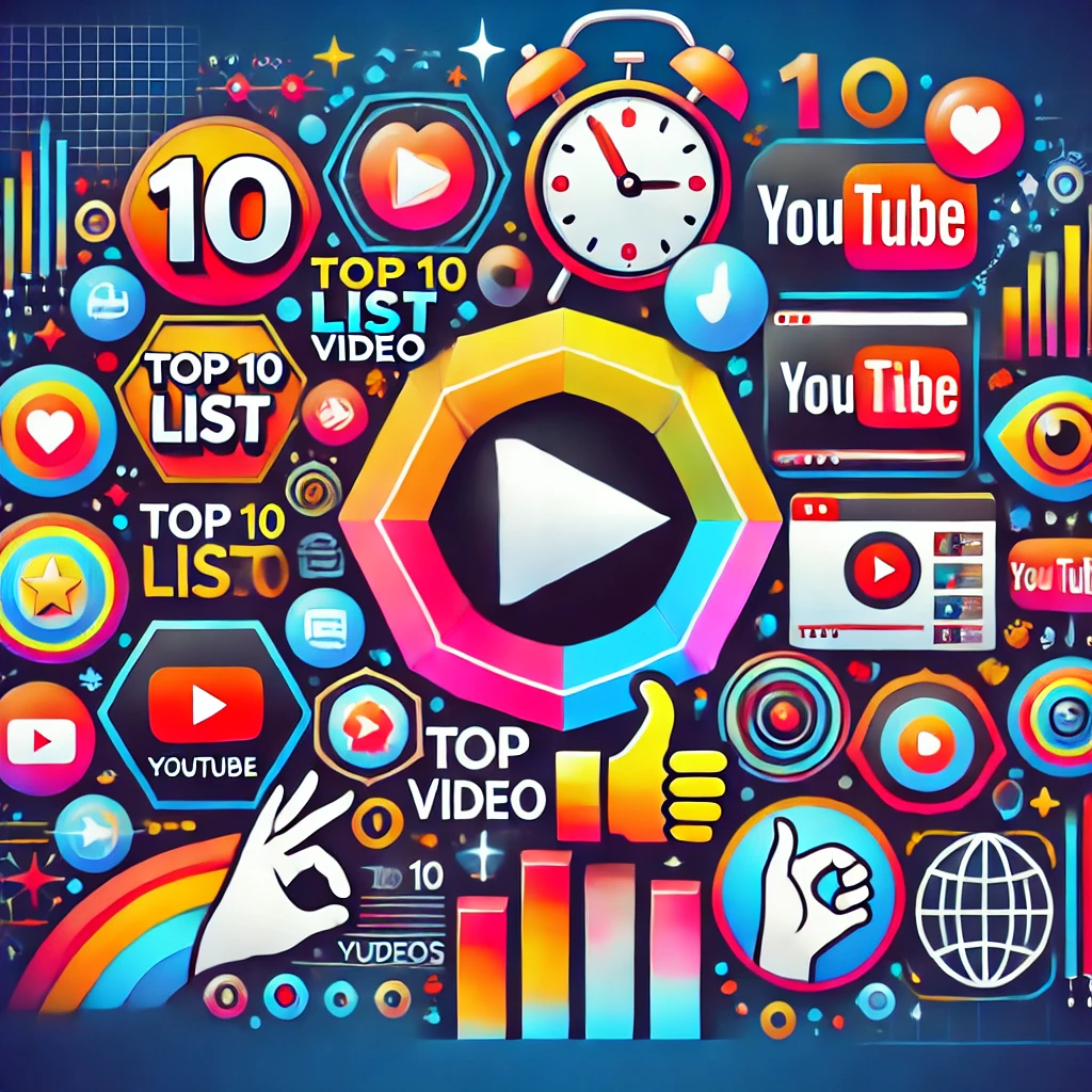 Colorful graphic showcasing elements for creating a Top 10 list video on YouTube, featuring countdown numbers, play button icons, clocks, and social media visuals.