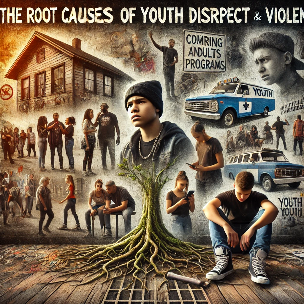 "A powerful illustration depicting the root causes of youth disrespect and violence, featuring a young male figure, community scenes, and symbolic elements like roots representing deep societal issues."