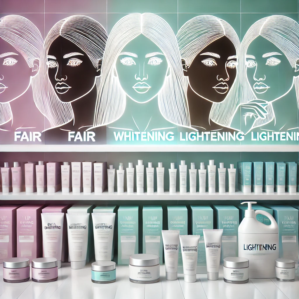 "A collection of skin lightening products displayed on a shelf, showcasing various creams and serums."