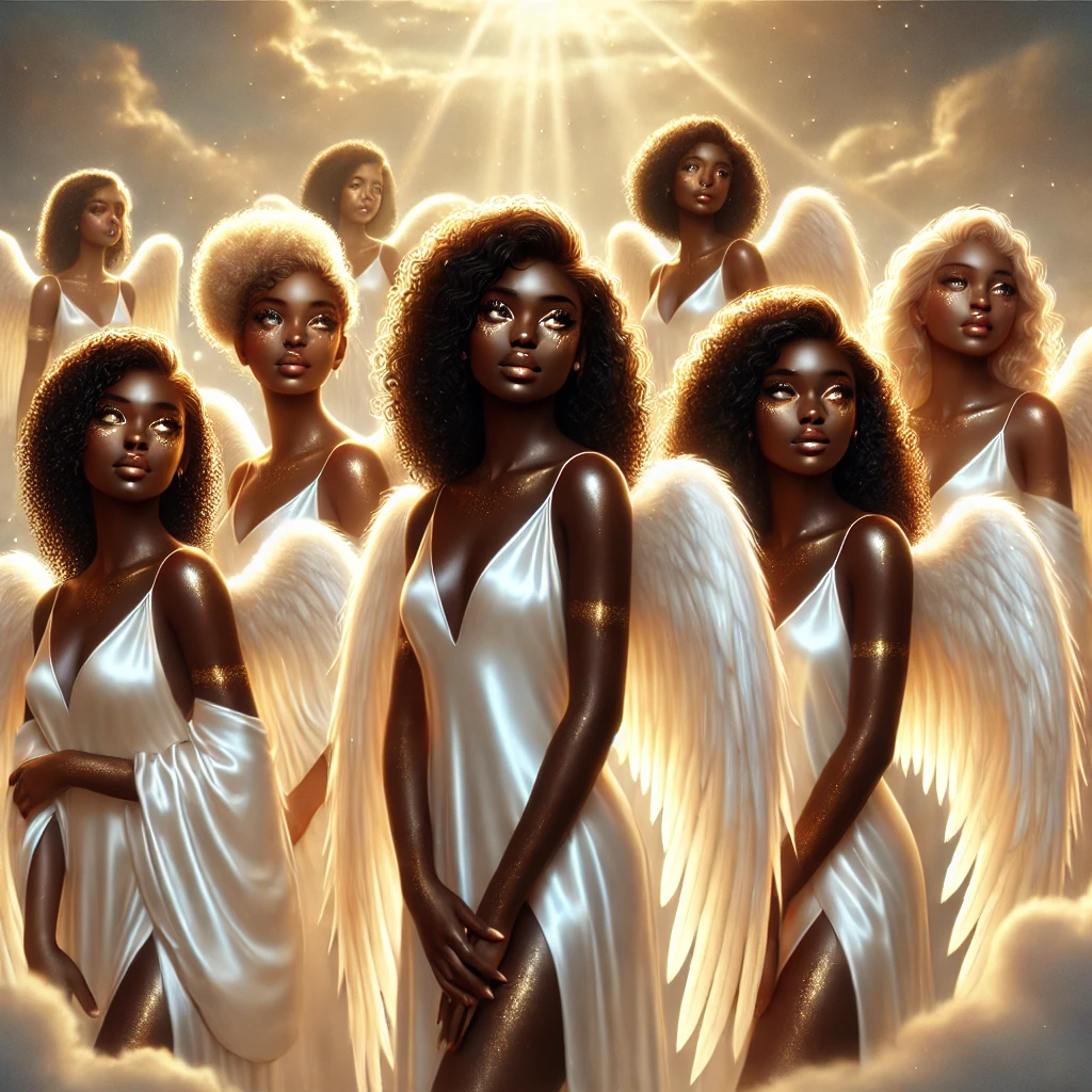 A serene group of beautiful young Black angels with glowing skin, curly and braided hair, and large white wings, standing in a peaceful heavenly setting surrounded by soft clouds and warm golden light.