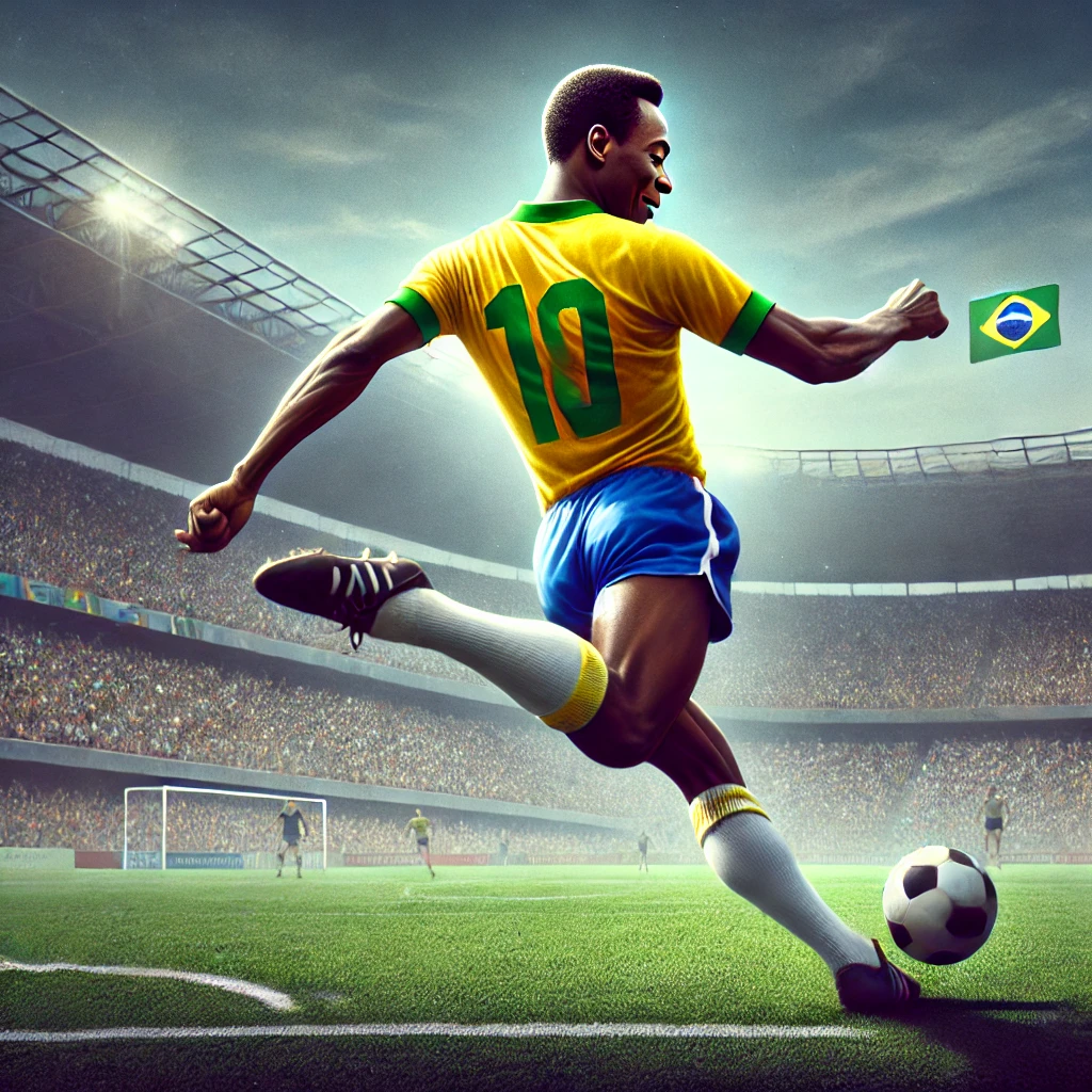 An iconic image of Pelé, the greatest soccer player of all time, in mid-action on the soccer field. Pelé is wearing his famous Brazilian team jersey, showing his athletic prowess and focus during a match. The background captures the intensity of the stadium crowd, highlighting the excitement of the game and his legendary status.