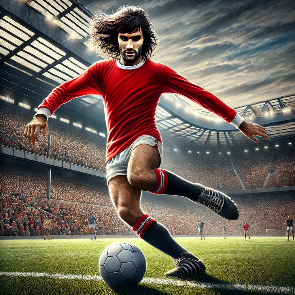 "Dynamic portrait of George Best, the legendary Manchester United footballer known for his dribbling skills and flair, in action during his prime."