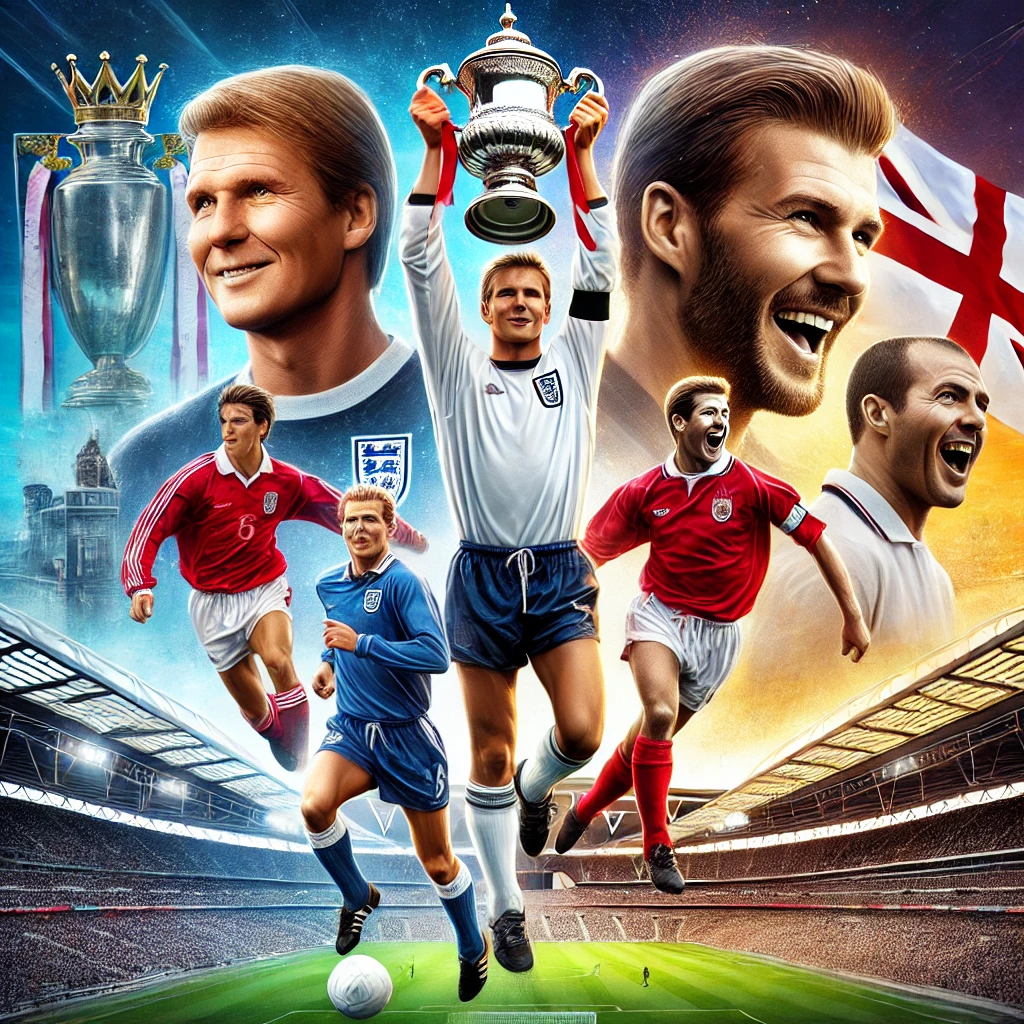 "Collage of the top 5 greatest English footballers of all time in action, featuring iconic moments from their careers, including David Beckham, Bobby Moore, Alan Shearer, Steven Gerrard, and Frank Lampard in a vibrant football stadium setting."