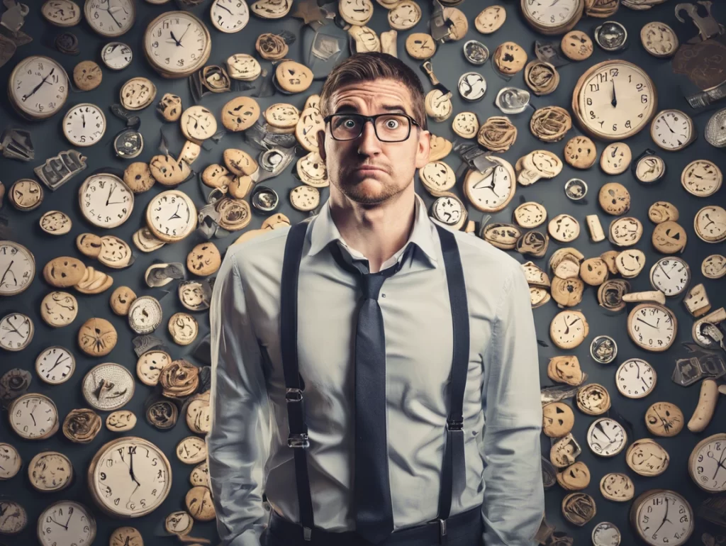 Man with a bewildered expression surrounded by a chaotic wall of clocks, symbolizing time pressure and confusion.