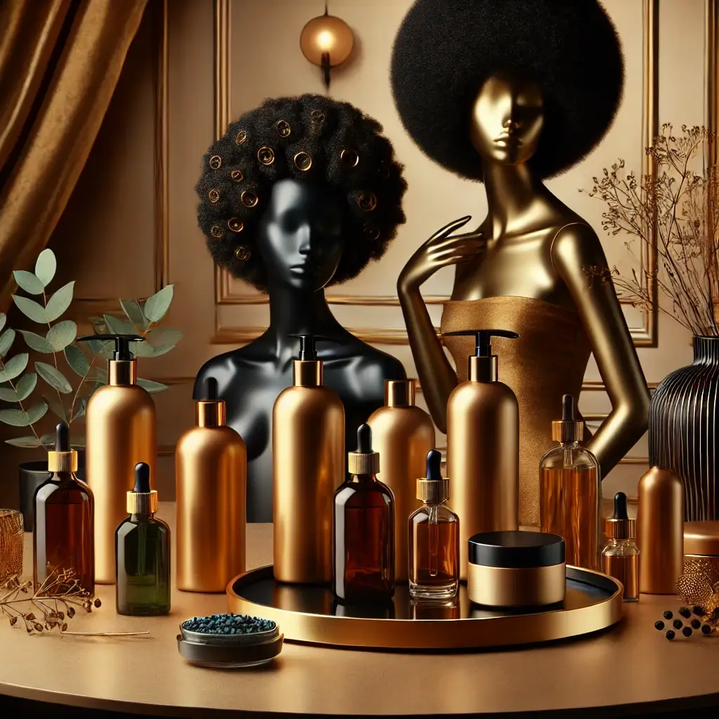 A collection of beauty and hair care products displayed alongside a mannequin with a large afro hairstyle. The bottles and jars feature warm, natural tones and intricate patterns.