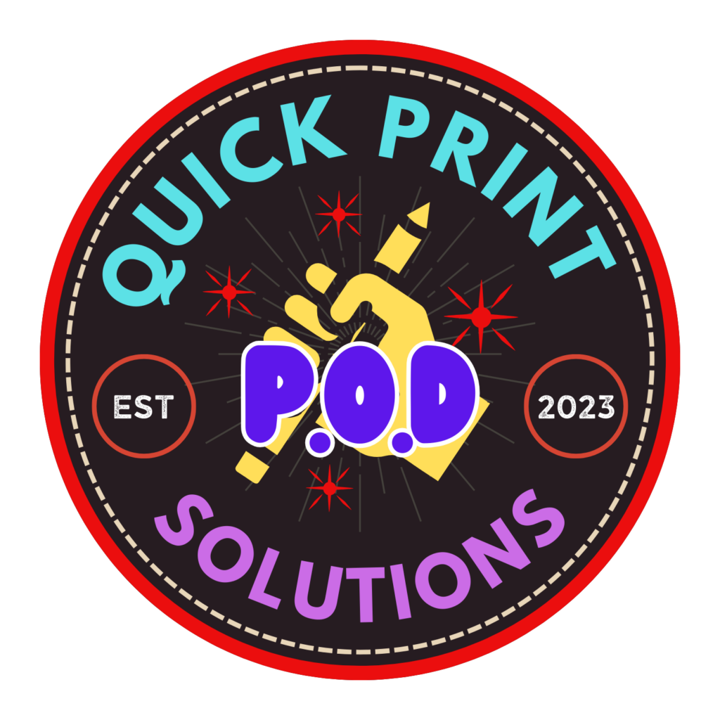 A collection of professionally printed t-shirts, mugs, and banners featuring exclusive designs from Quick Print On Demand’s in-house QP Design Zone.